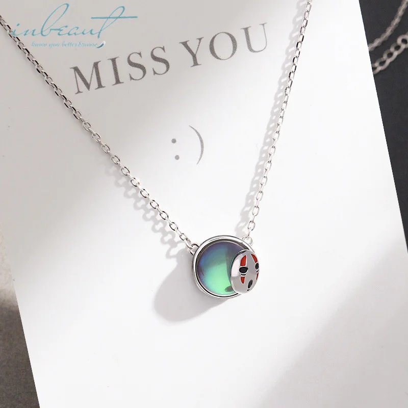 

inbeaut Silver Monster Mask Faceless Pendant Necklace Female S925 Cartoon Character Green Crystal Clavicle Chain for Women Party