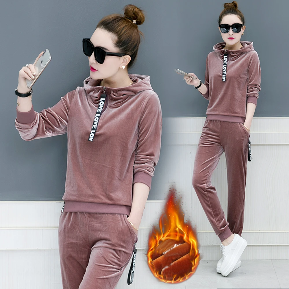

Pink Velvet Suit Women Pants Hoodies Top Plus Size Warm 2 Piece Set Outfit Tracksuit Sportswear Co-ord Set 2019 Winter Clothing