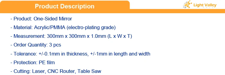 300 мм x 300 мм x 1,0 мм акриловое(PMMA) Одностороннее зеркало, прозрачное(0000)-3 шт