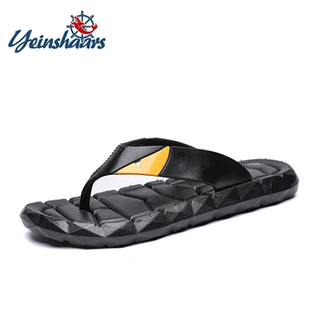 

YEINSHAARS New Arrival Summer Cool Men Leather Flip Flops British Style Boardered Sandals Male Slippers Zapatos Hombre Big Size