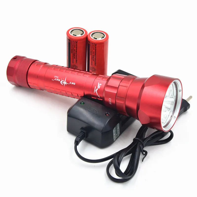 

10Sets/lot 8000 Lumen 5X XM-L2 LED Diving Flashlight Torch 100m Underwater Diver LED Flash Light With Battery & Charger