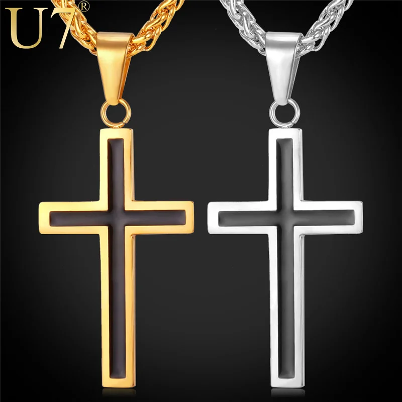 U7 Stainless Steel Cross Pendant Necklace For Men Women Gold Plated Chain Religious Christian Jewelry Christmas