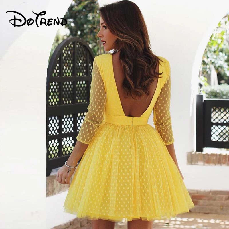 

Dotrend 2019 Spring Mesh Sexy Dress Women Fashion Print Dot A-line Solid Backless Hollow Out Casual Party Women Dresses female