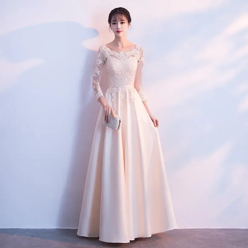 Свадебное платье подружки невесты цвета шампанского, китайское женское элегантное кружевное платье Ципао с длинным рукавом, XS-XXXL - Цвет: Style 1
