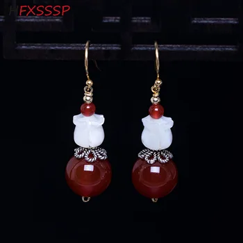 

HFXSSSP S925silver new handmade diy retro ethnic style natural shell earrings female red Zircon short ear hook earrings jewelry
