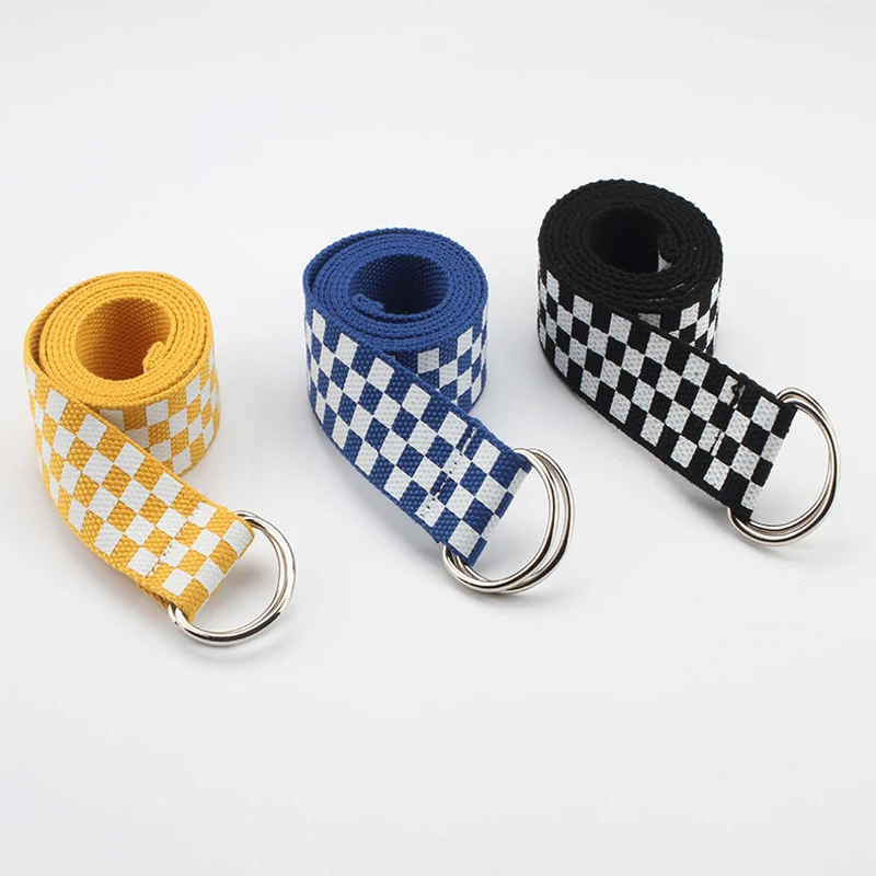 

Women Double D Ring Buckle Checkerboard Belts Female Black Blue Jeans Canvas Waist Belts Fashion Plaid Checkered Long Strap 151