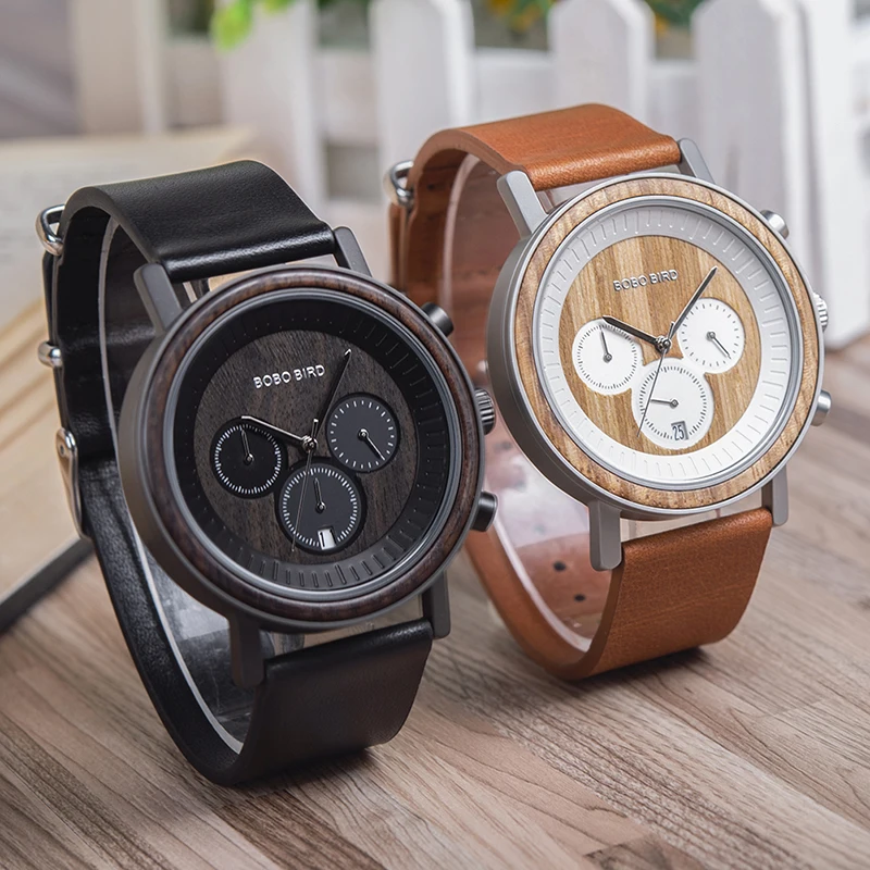 BOBO BIRD luxury Stainless Steel Wood Watches Men Chronograph Date Display Quartz Wristwatches Relogio Masculino C-R01-3