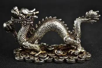 

Elaborate Chinese Decorated Handwork Miao Silver Dragon Holding Ball on The Ingot Auspicious Statue