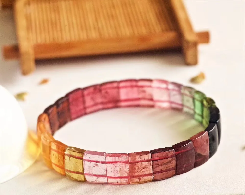 

Excellent Natural Rainbow Tourmaline Clear Rare Colorful Brazil Bracelet Rectangle Beads 11x4mm Bangle AAAAAA Certificate