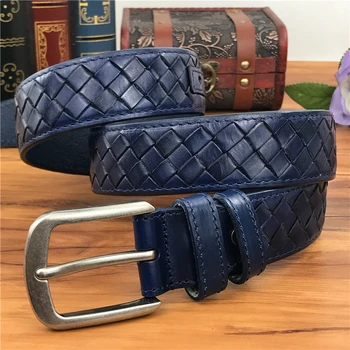 

Braided Belt Blue Leather Belt Mens Belts Luxury Blue Men Belts Wide Ceinture Homme Male Strap Men's Waist Riem MBT0276B
