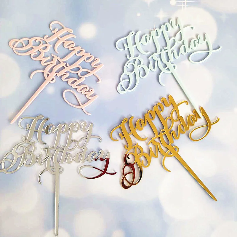 Модный золотой серебряный синий акриловый Топпер для торта с днем рождения, топ для торта, флаги для свадьбы, дня рождения, украшения для выпечки