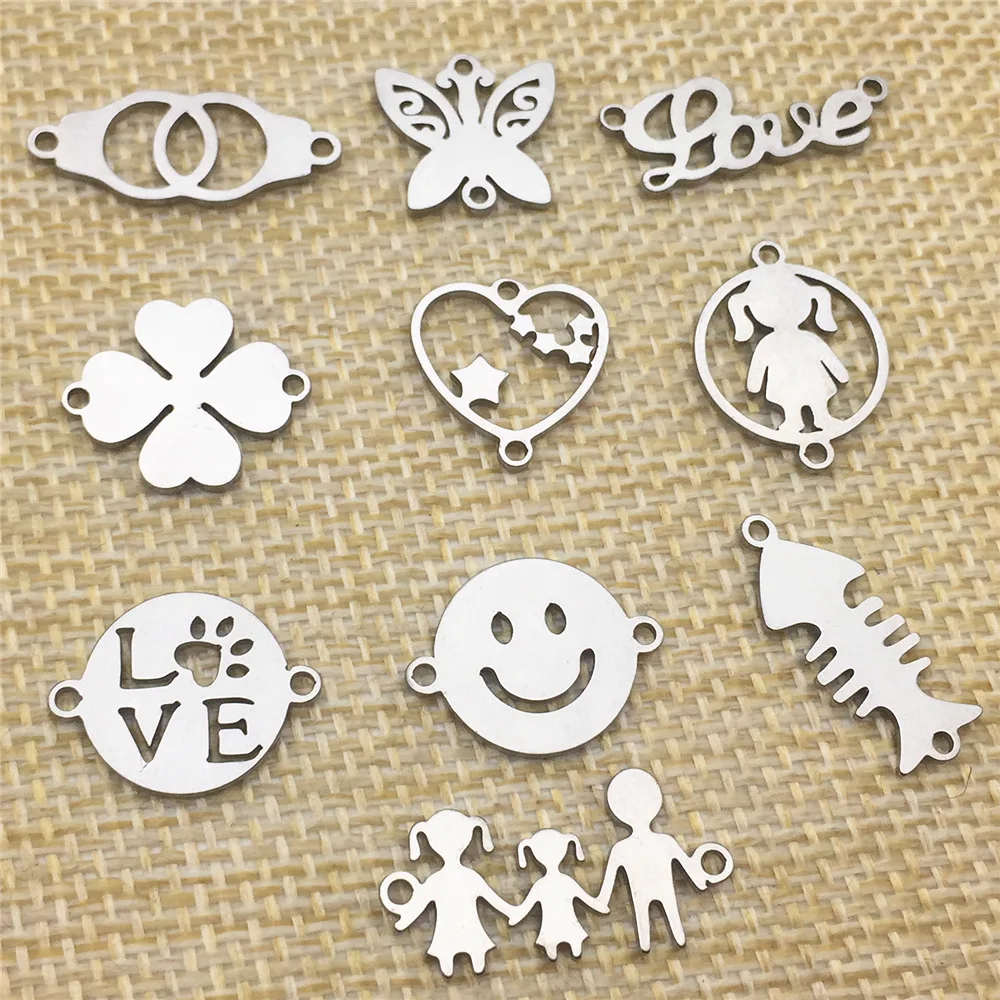 

Mirror Polish 10pcs Stainless Steel Connectors Mix Charm Necklace Connector Clover Heart Love Diy Bracelet Jewelry Make Finding