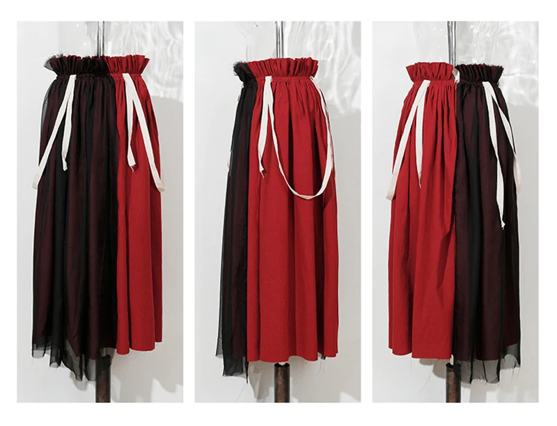 [EAM] New Spring Summer High Elastic Waist Hit Color Wine Red Mesh Stitch Strap Half-body Skirt Women Fashion Tide JU731