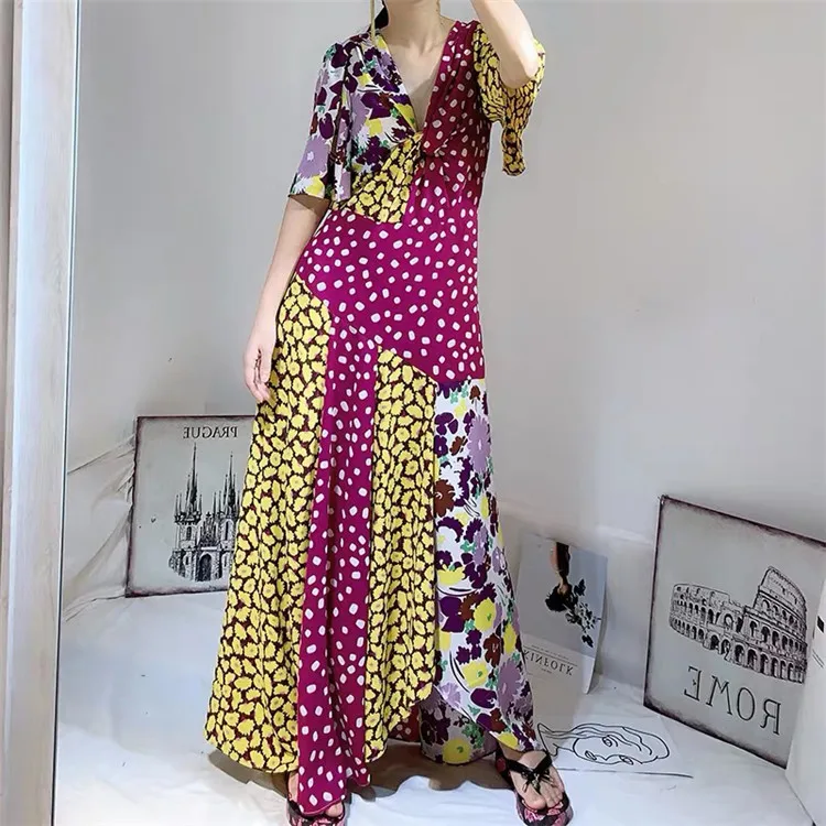 

2019 Runway Color Block Long Dress Women Sexy V Neck Polka Dot Floral Print Patchwork A-line Summer Dress Bohemian Maxi Dress