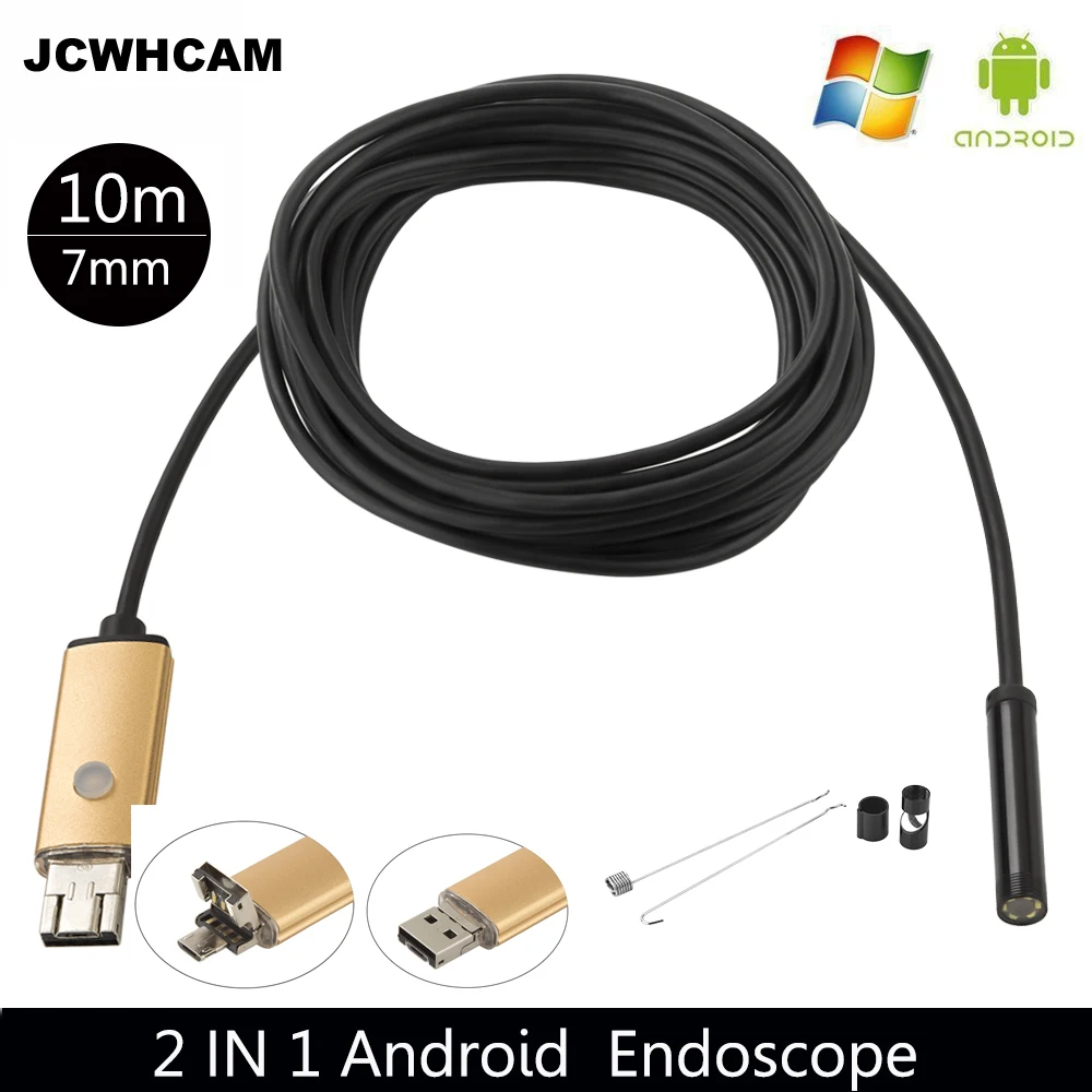 JCWHCAM 7mm Len 10M Cable USB  Endoscope 6 LED Portable Android  Endoscope Camera OTG Mobile Phone 2 IN 1 Flexible Endoscope Cam