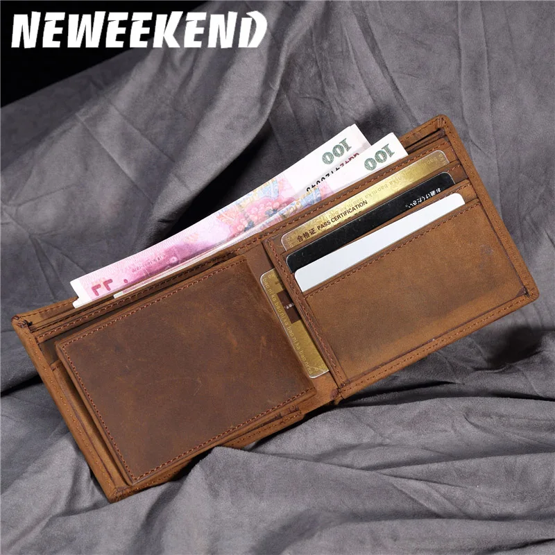 Vintage Crazy Horse Genuine Leather Men's Short Wallet Large Capacity Credit ID Bank Card Photo Coin Holder Purse Male Wallets