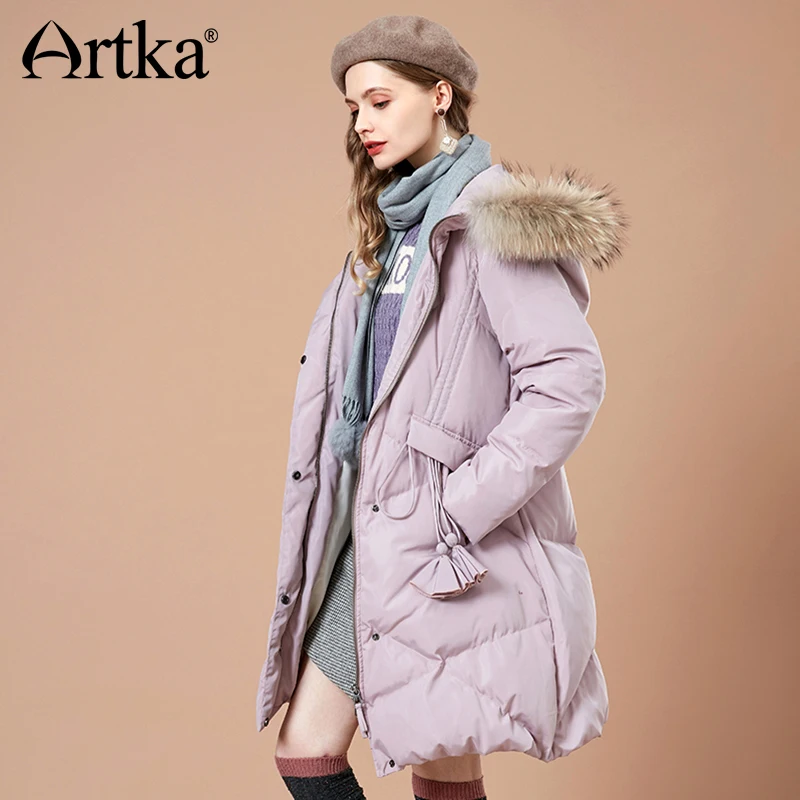 

ARTKA 2018 Autumn and Winter New Women Solid 90% White Duck Down Jacket Tassels Warm Fur Collar Female Hooded Coat YK10683D