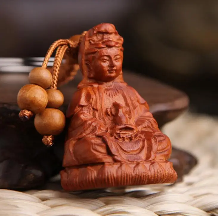 

Chinese Peach Wood Carved Lotus Flower Jade Bottle Guan Yin Kwan-yin Bodhisattva Exquisite Car Key Chain Pendant
