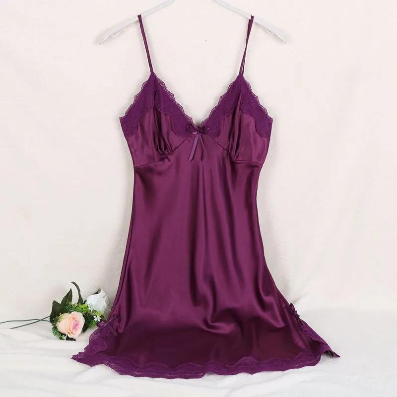 Новое женское сексуальное шелковое атласное Ночное платье без рукавов с v-образным вырезом кружевная ночная рубашка для женщин LY6