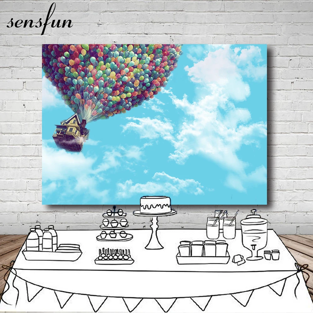  Blue Sky Clouds Colorful Hot Air Balloon Backdrop Invitate Celebrate Birthday Party Table Banner Ba - 32860369924