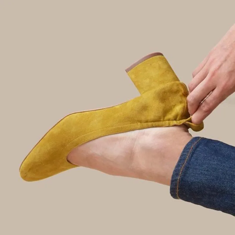 

Stylish nubuck leather Middle heel women's shoes Black yellow spring Crude heel shoe big size 40 41 Heels women pumps obuv