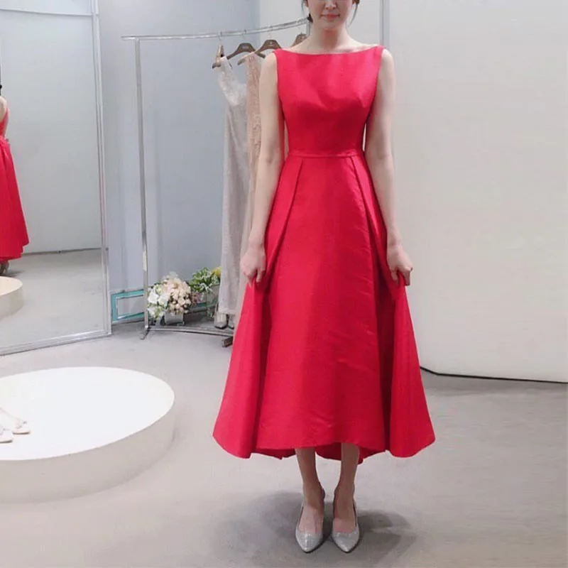 

Tea Length Red Evening Dress Sleeveless A-line Simple Vestido De Noite Elegant Satin Formal Evening Party Gowns For Korea Girl