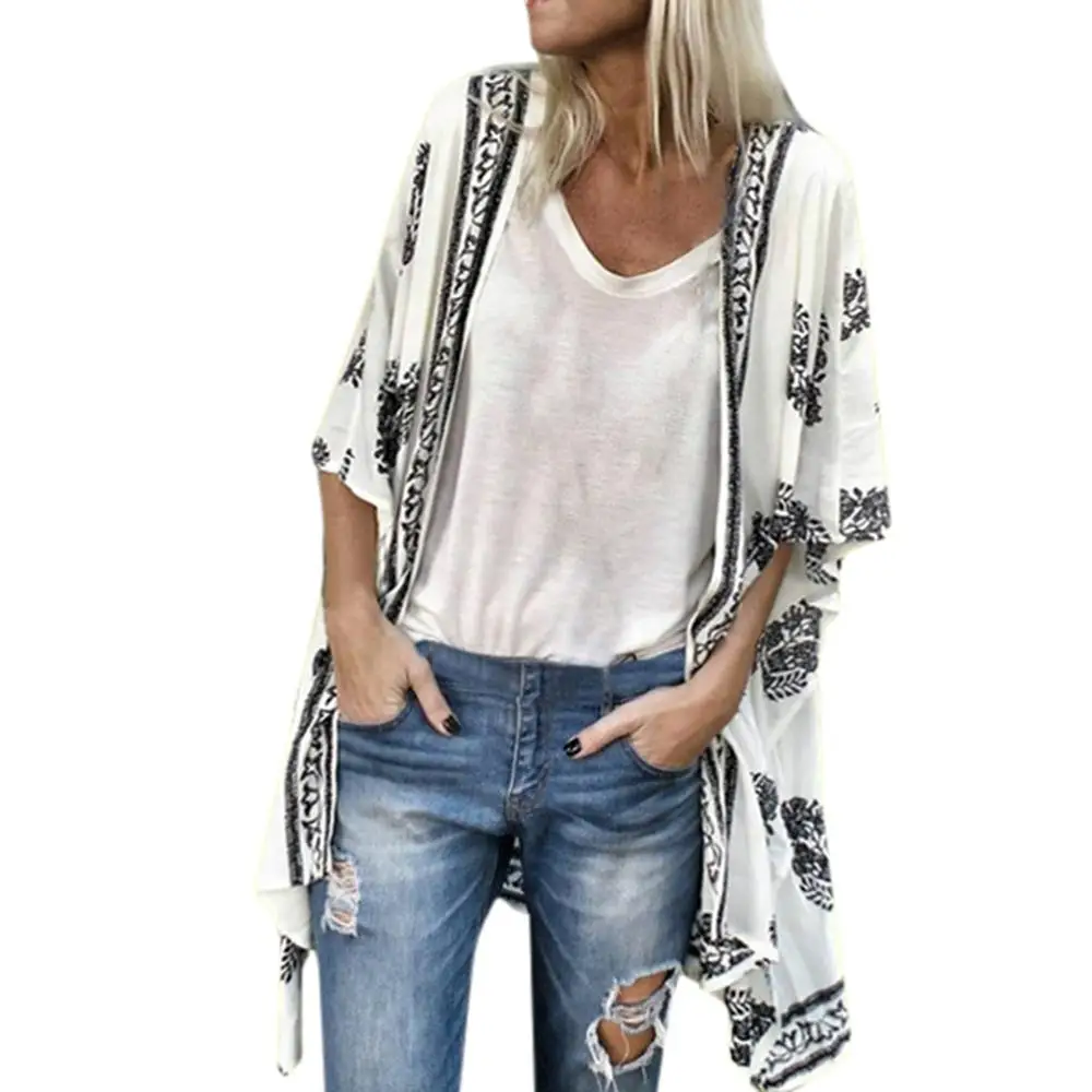 

Women Fashion Cape Bohemian Printed Sunscreen Half Sleeve Loose Sheer Chiffon Cardigan White Summer Holiday Outdoor Female Long