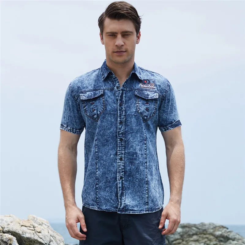 2018 New Summer Men's Denim Shirts Fashion Vintage Casual Men Cotton Short Sleeve Shirt Jeans Tops Camisa Masculina S-XXL (9)