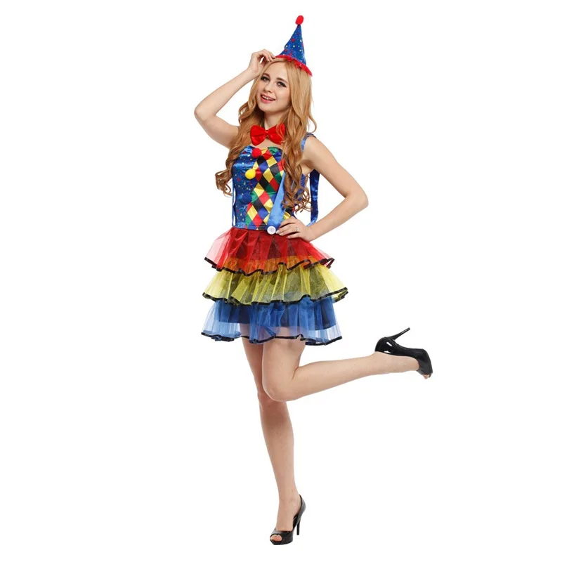 

Women Lady Clown Costume Rainbow Circus Clown Cosplay Costumes Masquerade Party Dress Decoration Christmas Halloween Navidad