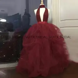 Плюс размеры мяч платья для выпускного вечера 2019 Холтер спинки Ruched Тюль Пышные бордовый официальная Вечеринка длинное платье, Роба de bal на
