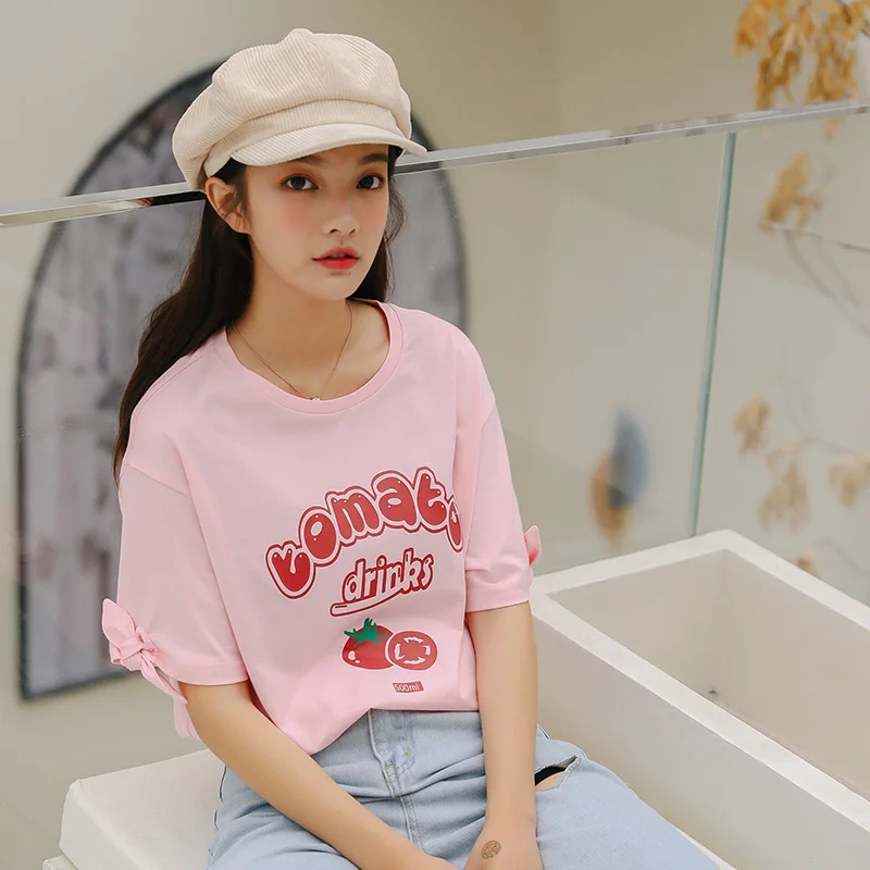 الوردي الطماطم إلكتروني فضفاض تي شيرت غير رسمي الكورية المرأة التي شيرت Kawaii طالب Ulzzang سيدة Ulzzang المتناثرة Ins أعلى للنساء المحملة