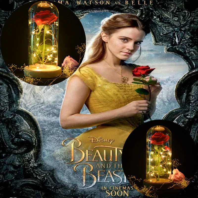 Mother Day Gift LED Beauty and the Beast Red Rose w/ Fallen Petals in a Glass Dome on Wooden Base Christmas Valentine's Gifts |