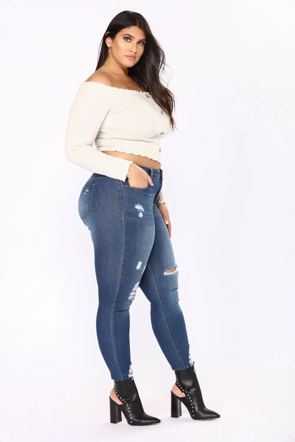 2018 Spring Autumn Ripped Women Jeans Blue Hole High Waist Pocket Button Zipper Skinny Jeans Women Casual Pants Big Size Jeans