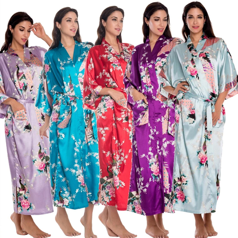 Удлинить ночная рубашка павлиньей расцветки Для женщин халат кимоно Свадебный халат ночная рубашка шелковый атлас Плюс Размеры S-XXXL WR0042015