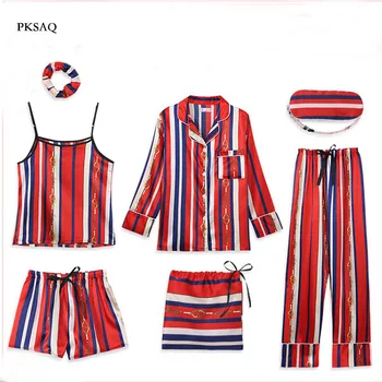 

Women's 7 Pieces Pajamas Sets Print some colors Faux Silk Pajamas Sleepwear autumn female Homewear turn-down collar home service