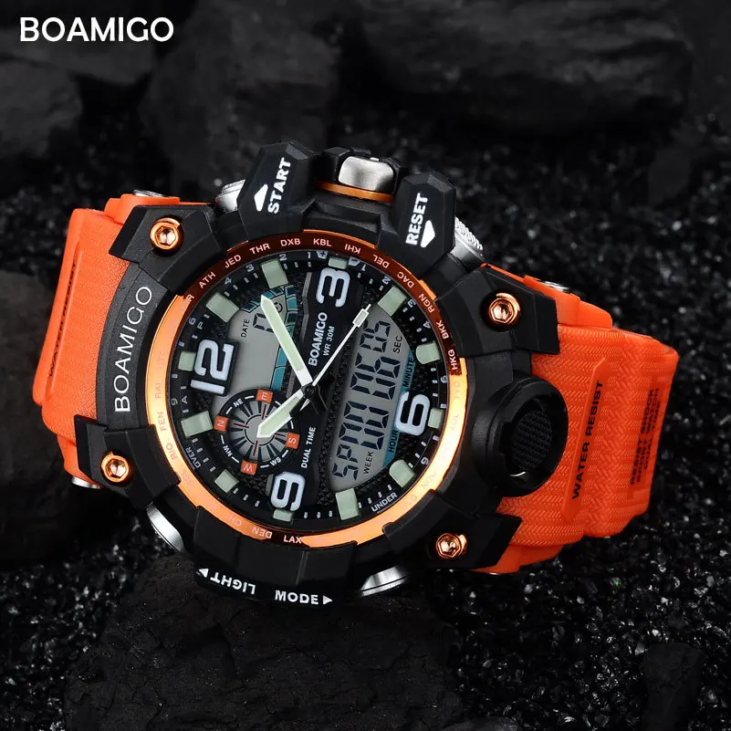 Спортивные мужские часы BOAMIGO F502, водонепроницаемые цифровые наручные часы с хронографом, светодиодный военный аналог, мужские часы с резиновым ремешком