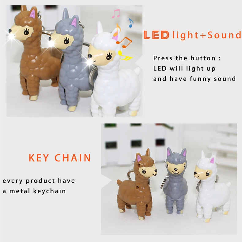 Cartoon Alpaca LED Keychain With Sound Pendant Flashlight Kid Gift Keyring Bag 