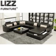 

Lizz Furniture Promotion Products Modern Miami Cow Leather U Shape Couch Sofa With LED Light