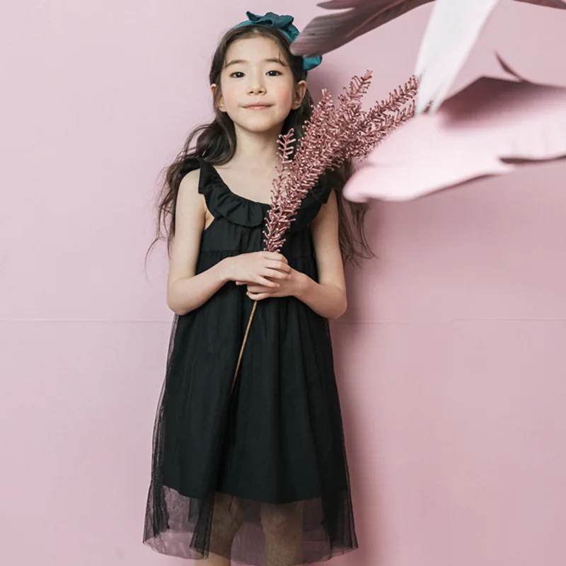 

2019 Summer Girl Dress Cotton Lace Mesh Ruffle O-neck Sleeveless Knee-length Princess Dress Cute Lovely Big Girls Party Dresses