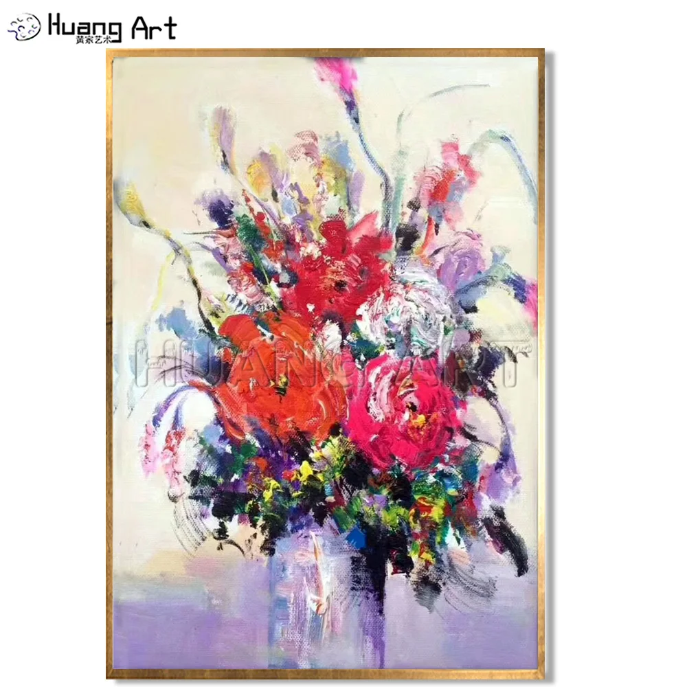 

New Style 100% Hand-painted Impression Flower Oil Painting on Canvas for Bed Room Decor Handmade Knife Red Flower Wall Painting