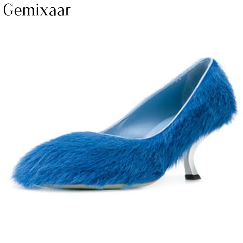 

Luxury Horsehair High Heel Shoes Woman Round Toe Slip On Shallow Pumps Women Individual Metal Kitten Heel Sapato Feminino