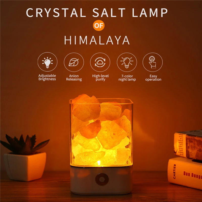 

USB Night Light Himalayan Crystal Salt Night Lamp Crystal Rock Salt Air Purifier Desk Lamp Creative Table Lamp Bedroom Decor