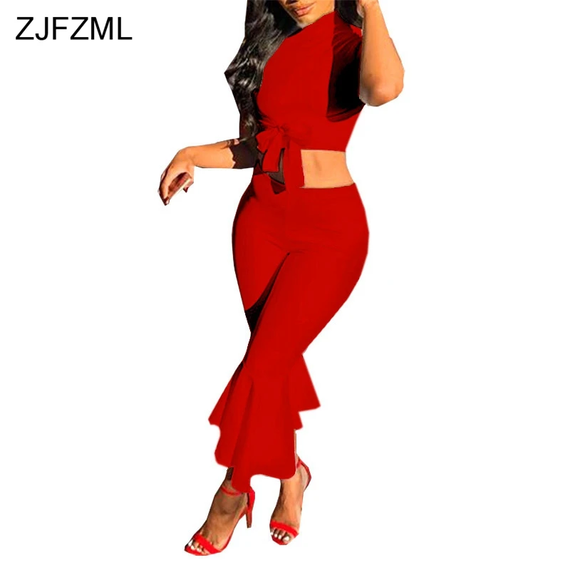 

ZJFZML Plus Size Sexy 2 Piece Set Women Short Sleeve Bow Crop Top+Ruffles Bodycon Flare Pant Summer Outfit Two Piece Tracksuits