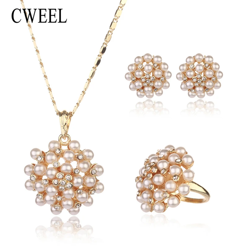

CWEEL Fashion Gold Color Bride Imitation Pearl&Crystal Jewelry Sets For Women Pendant Party Wedding African Beads Accessories