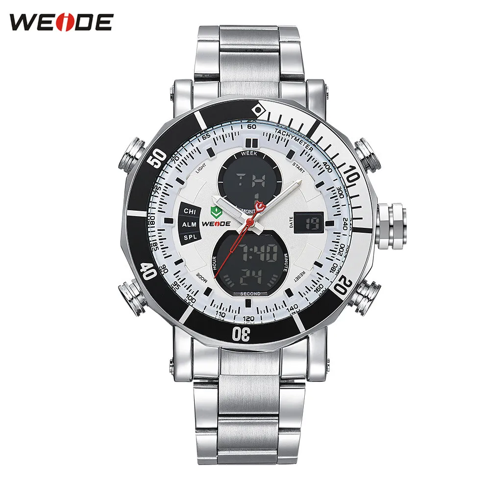

Original Top Brand WEIDE 3ATM Waterproof Sport Watch Men Digital Quartz Watch LED Dual Time White Steel Band Wristwatch Relogios