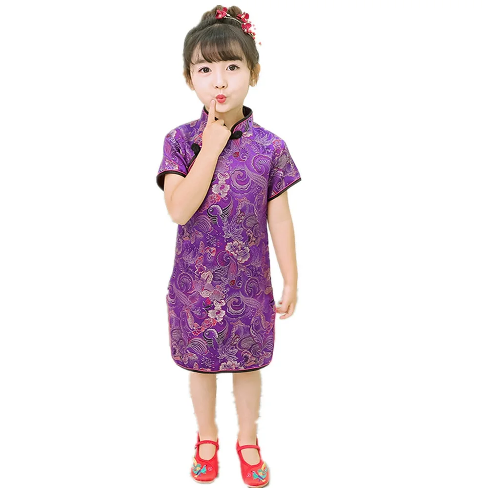 Шелковистое платье Ципао с цветочным рисунком для маленьких девочек, детское платье Ципао, китайский новогодний костюм, одежда, детские платья, свадебная форма для детей 2-16 лет