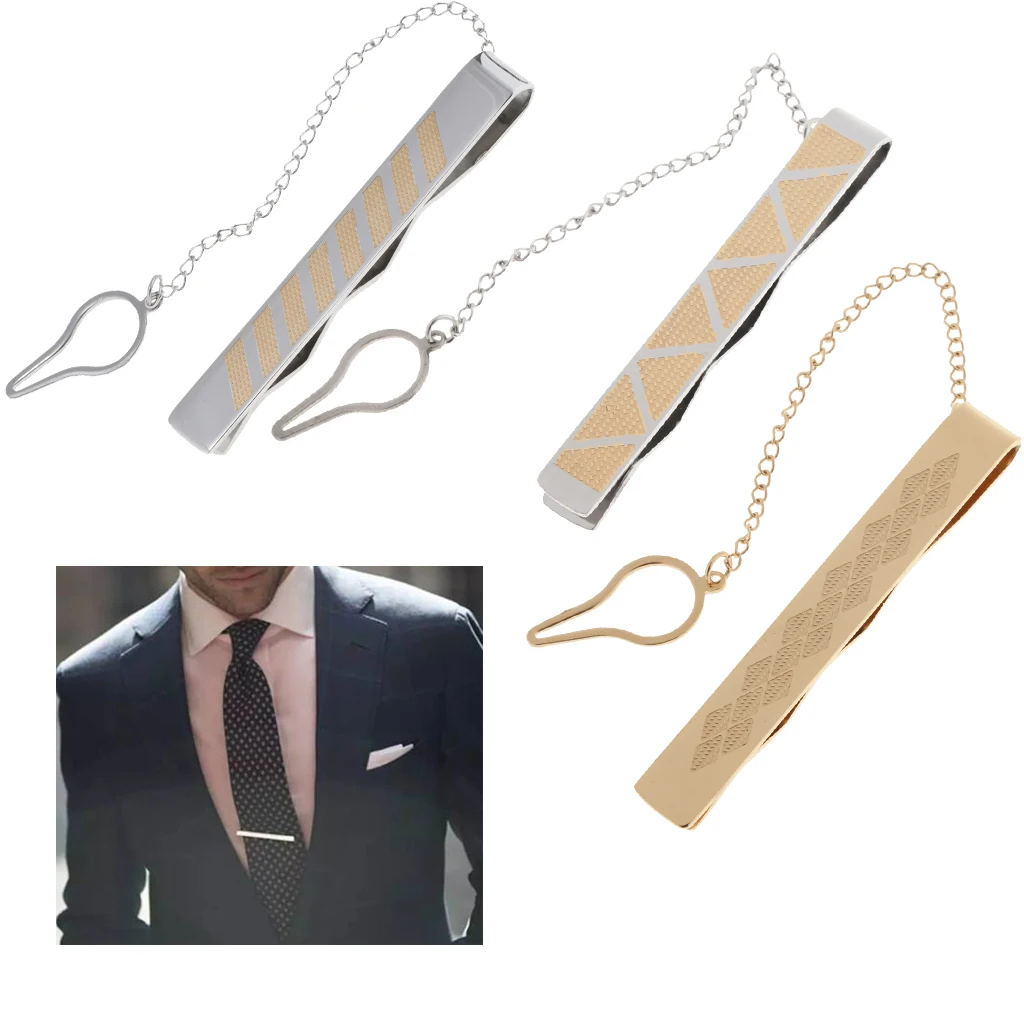 Stainless Steel Necktie Slid Pins With Chain Business Party Fashion Pinch Tie Clasp Jewelry