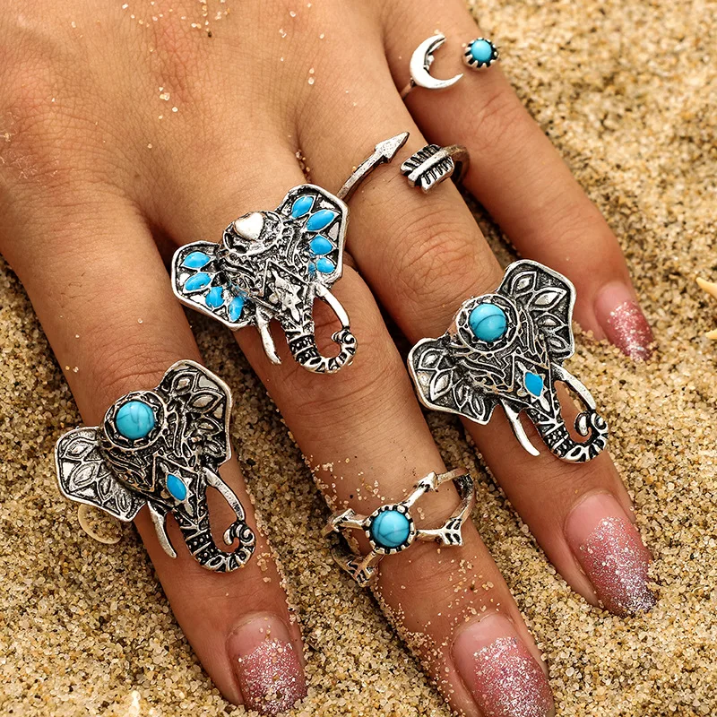 

6pcs/lot Bohemia Style Gypsy Elephants Arrows Styles Rings Different Shapes Combined Rings For Women Free Shipping Hot Sale