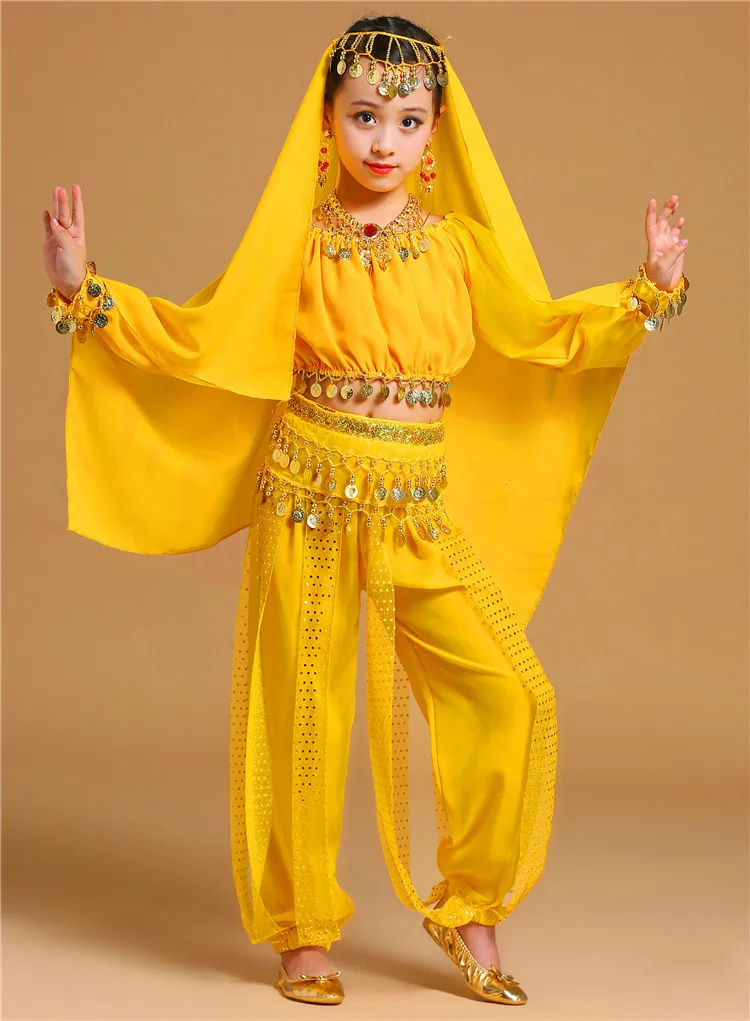 Дети живота танцевальные костюмы для девушек индийский танец этап платье для сцены с длинным рукавом Восточная одежда детей болливудские танцы
