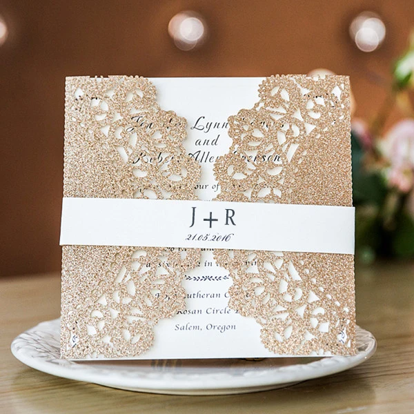 Luxury Glitter Rose Gold Wedding Invitations Laser Cut